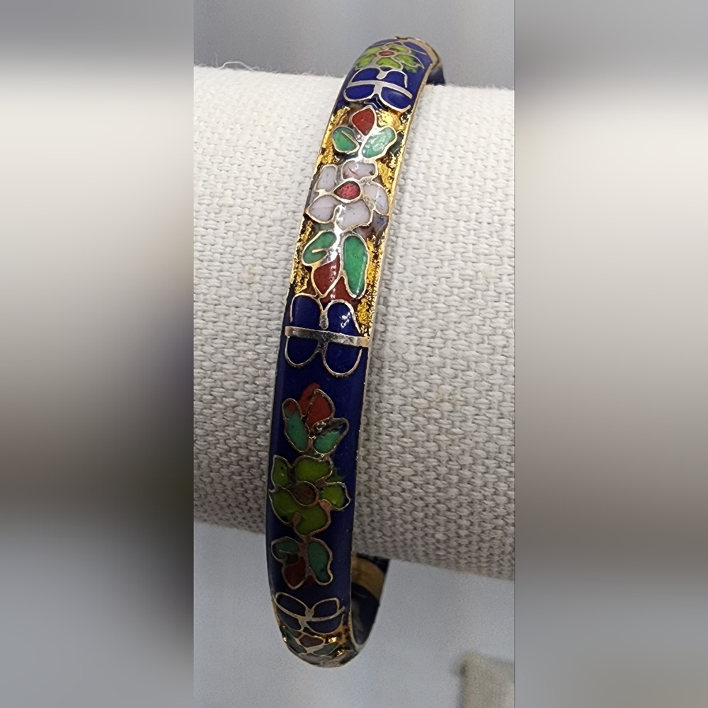 Vintage Cloisonne Enamel Hinged Clamper Bracelet Blue Gold Tone Multicolor